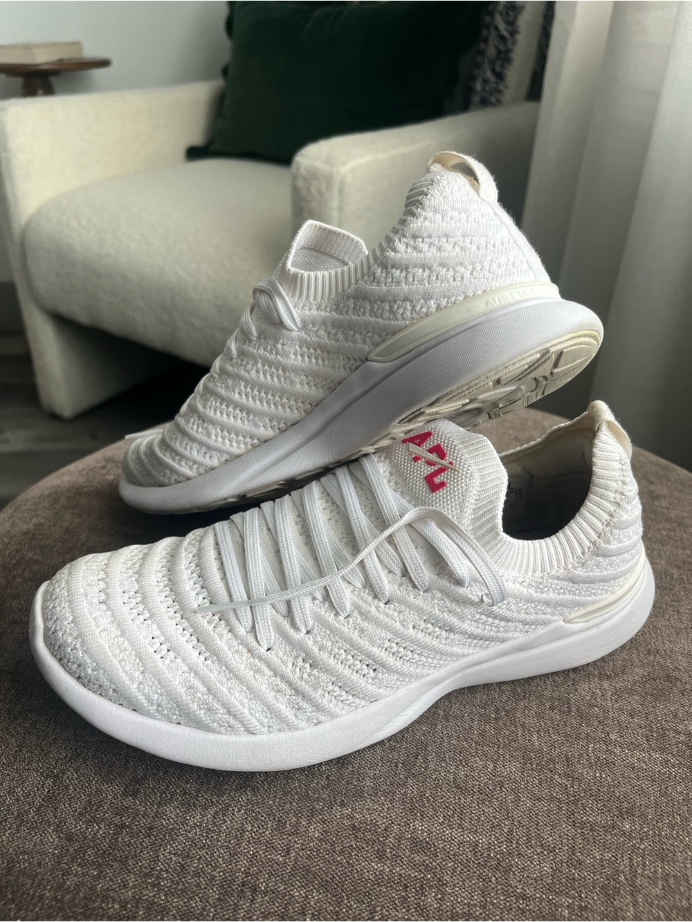 APL White Knit Slip-On Sneakers with Pink Logo